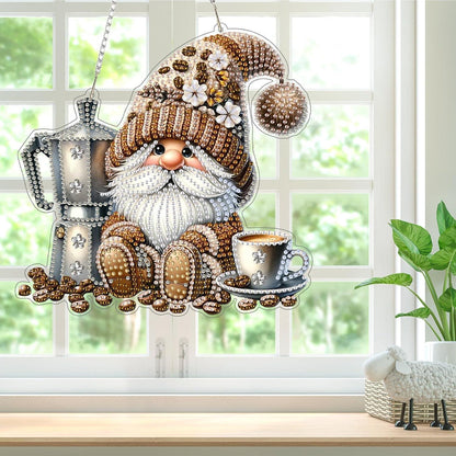 Diamantmalerei Anhänger Gnom & Kaffee – DIY Fensterdeko Set