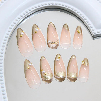 24 Kurz Nägel Aufkleben Gold Mandel mit 3D Metallic Muster