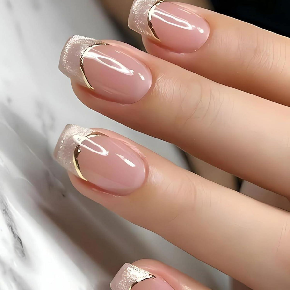 Kurze French Press-On Nägel mit Cat Eye Muster, Eckig, Gold