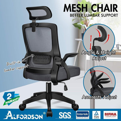 Ergonomischer Bürostuhl mit Lordosenstütze und Kopfstütze, Dunkelgrau