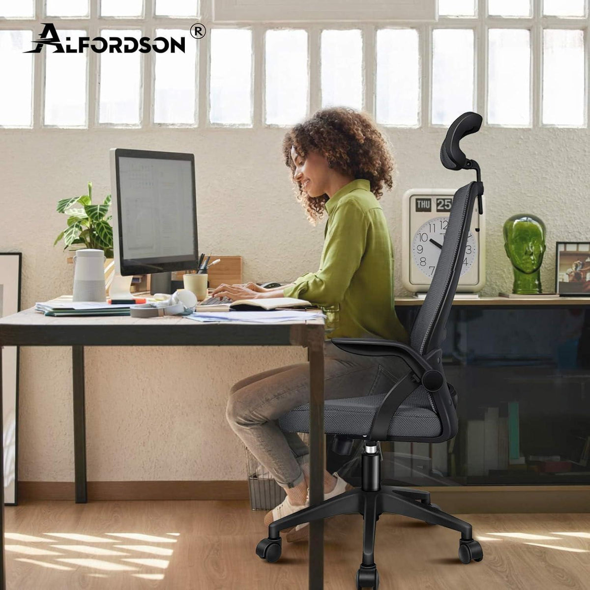 Ergonomischer Bürostuhl mit Lordosenstütze und Kopfstütze, Dunkelgrau