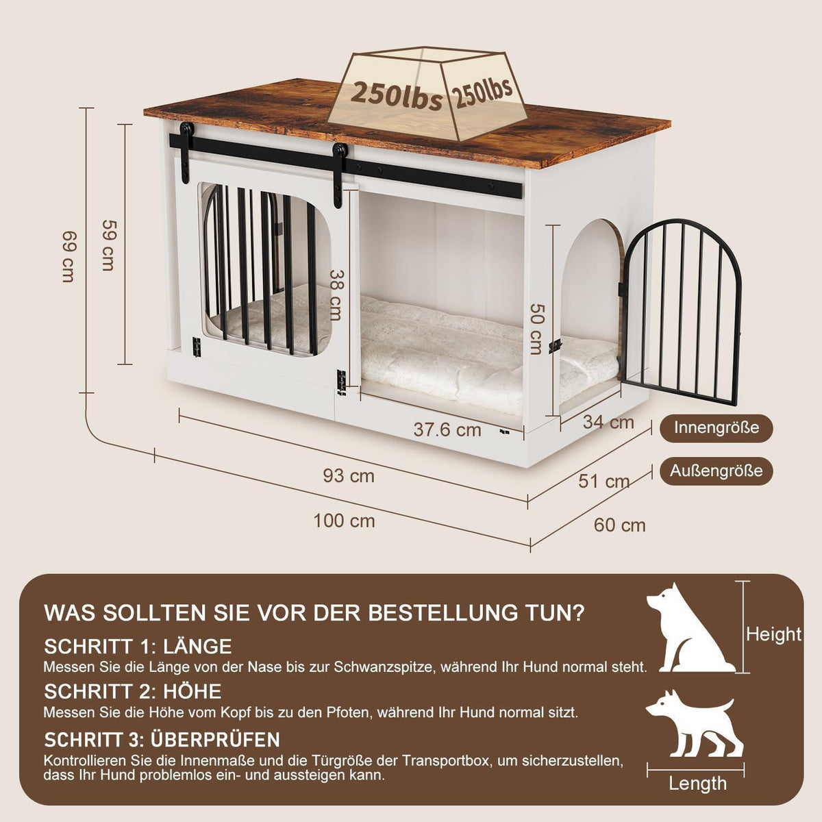 Hundebox Möbelstil Weiß/Braun – 100cm mit Matte & Schiebetüren
