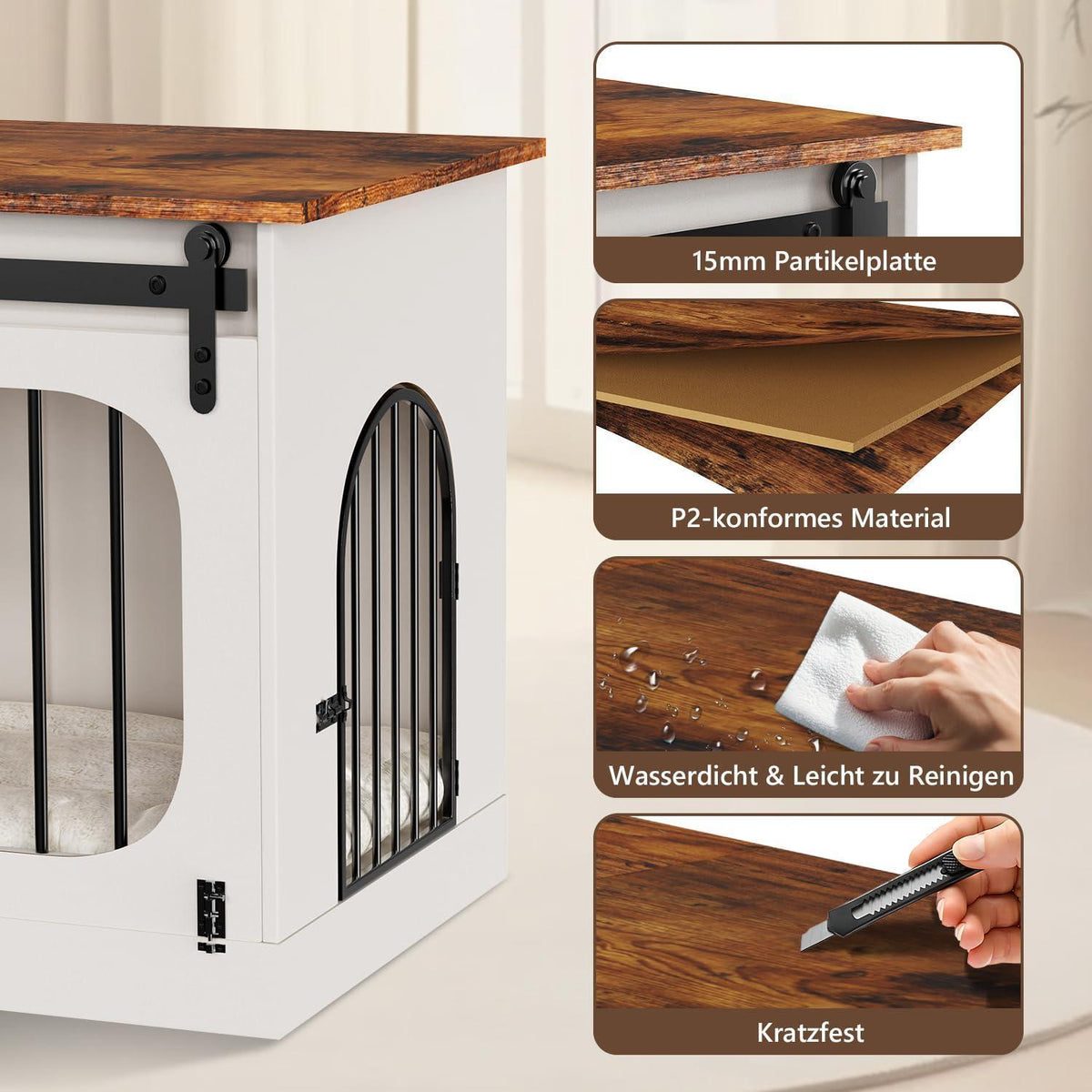 Hundebox Möbelstil Weiß/Braun – 100cm mit Matte & Schiebetüren