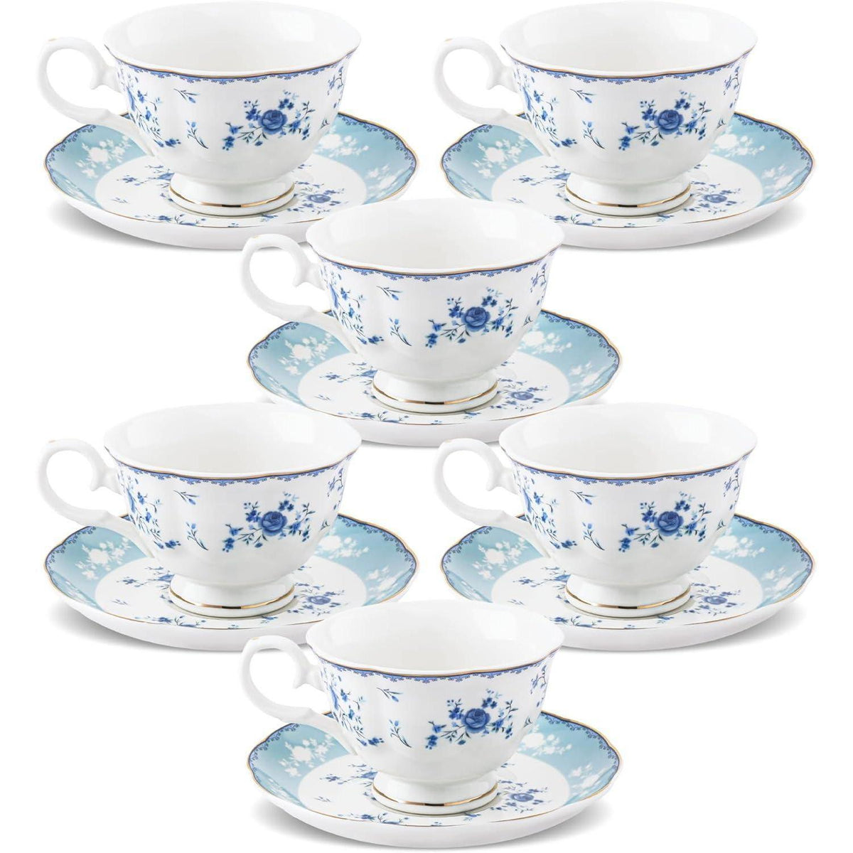 6er Set Teetassen & Untertassen, Blaues Blumenmuster, 150ml