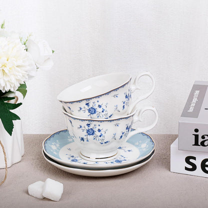 6er Set Teetassen & Untertassen, Blaues Blumenmuster, 150ml