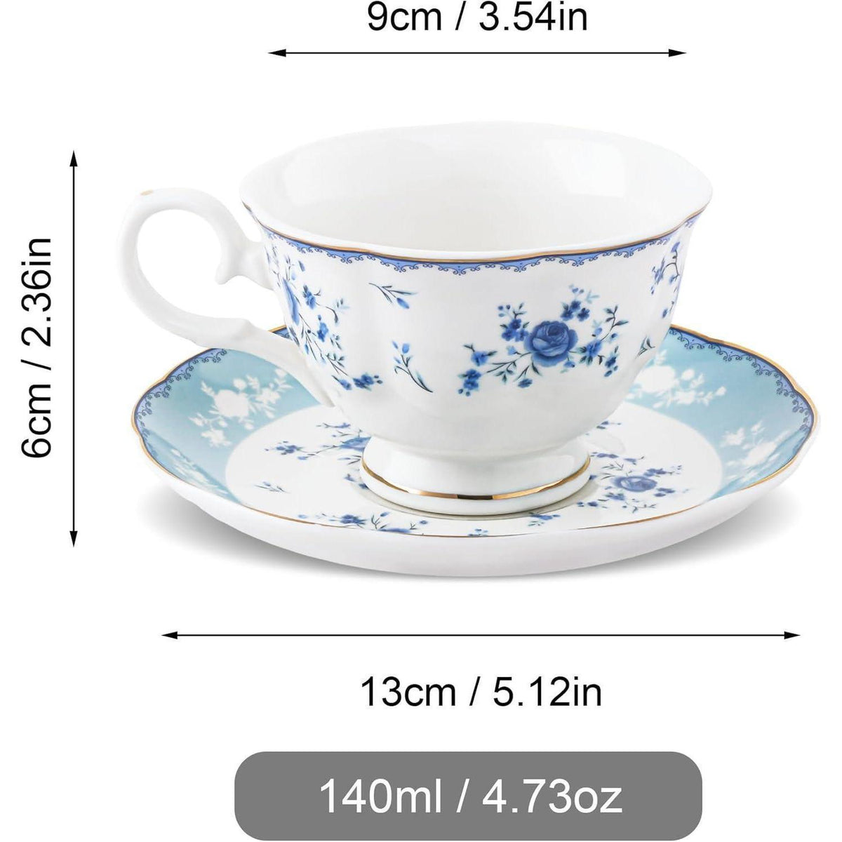 6er Set Teetassen & Untertassen, Blaues Blumenmuster, 150ml