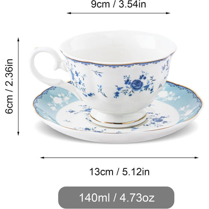 6er Set Teetassen & Untertassen, Blaues Blumenmuster, 150ml