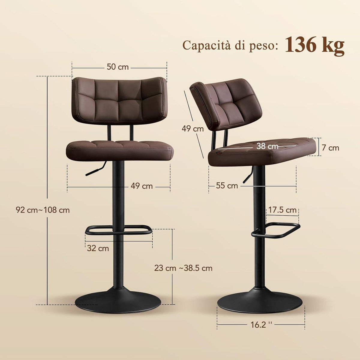 Barhocker Set 4er – Höhenverstellbar, Braun in Lederoptik