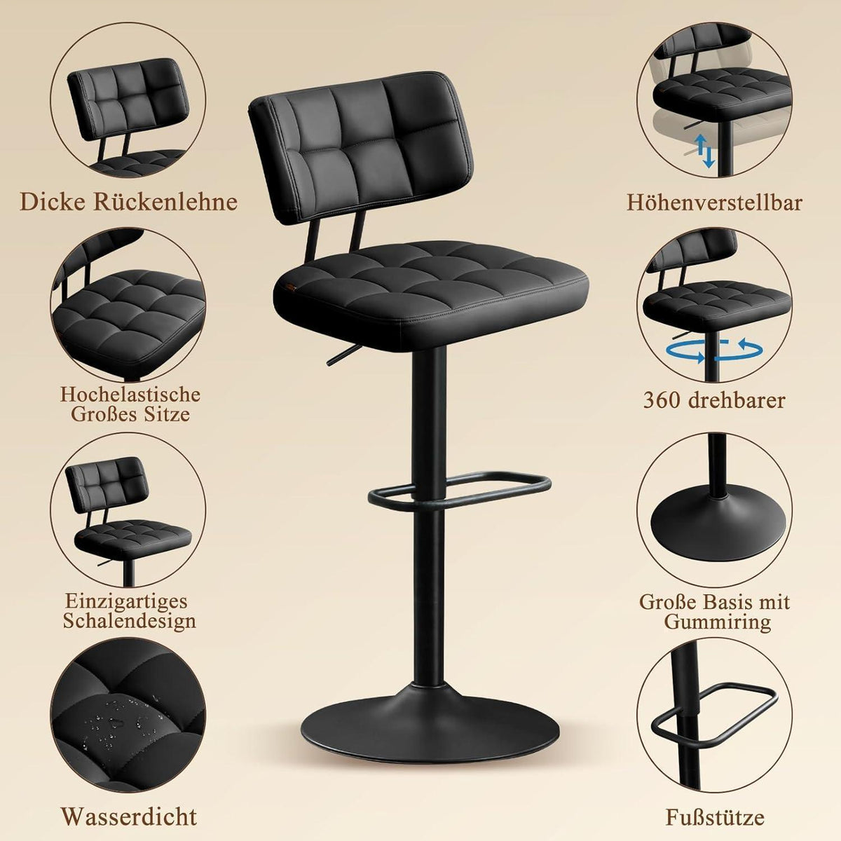 Barhocker Set 4er – Höhenverstellbar, Schwarz in Lederoptik