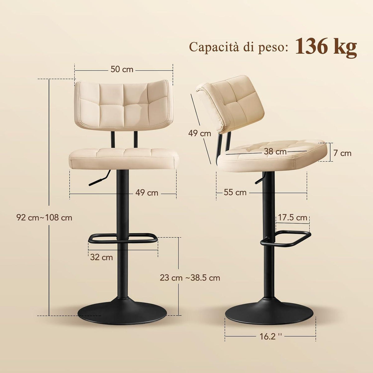 Barhocker Set 4er – Höhenverstellbar, Beige in Lederoptik