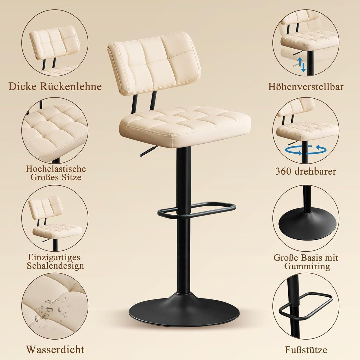 Barhocker Set 4er – Höhenverstellbar, Beige in Lederoptik