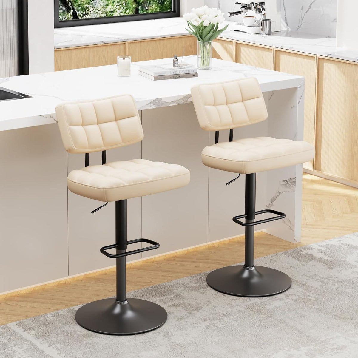 Barhocker Set 4er – Höhenverstellbar, Beige in Lederoptik