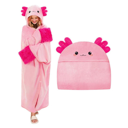 Tragbare Hoodie-Decke mit Kapuze und Handschuhen – Axolotl Kuscheldecke