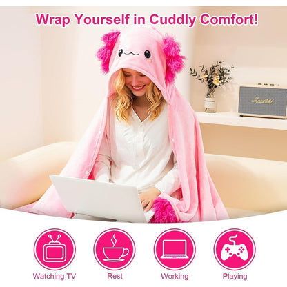 Tragbare Hoodie-Decke mit Kapuze und Handschuhen – Axolotl Kuscheldecke