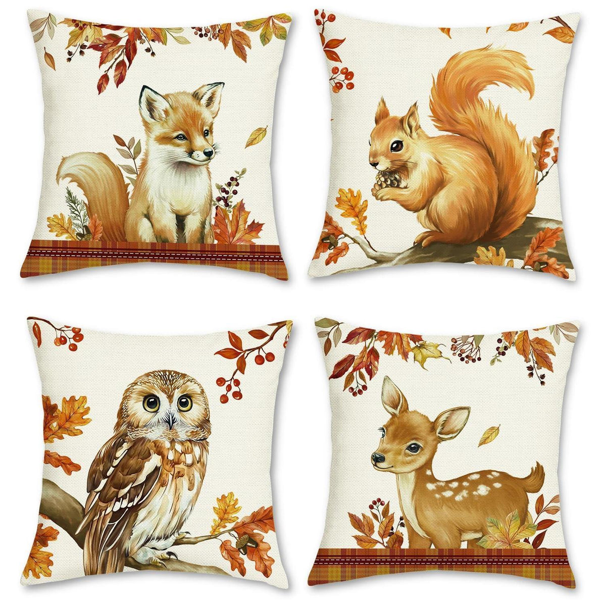 Herbst Kissenbezüge 45x45 cm - Fuchs Eichhörnchen Eule Hirsch 4er Set