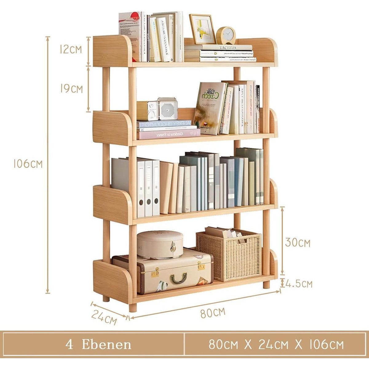 4-Ebenen Bücherregal Eiche | Modernes Holzregal für Wohnzimmer