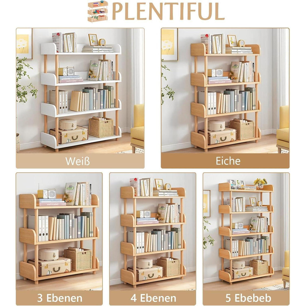 4-Ebenen Bücherregal Eiche | Modernes Holzregal für Wohnzimmer