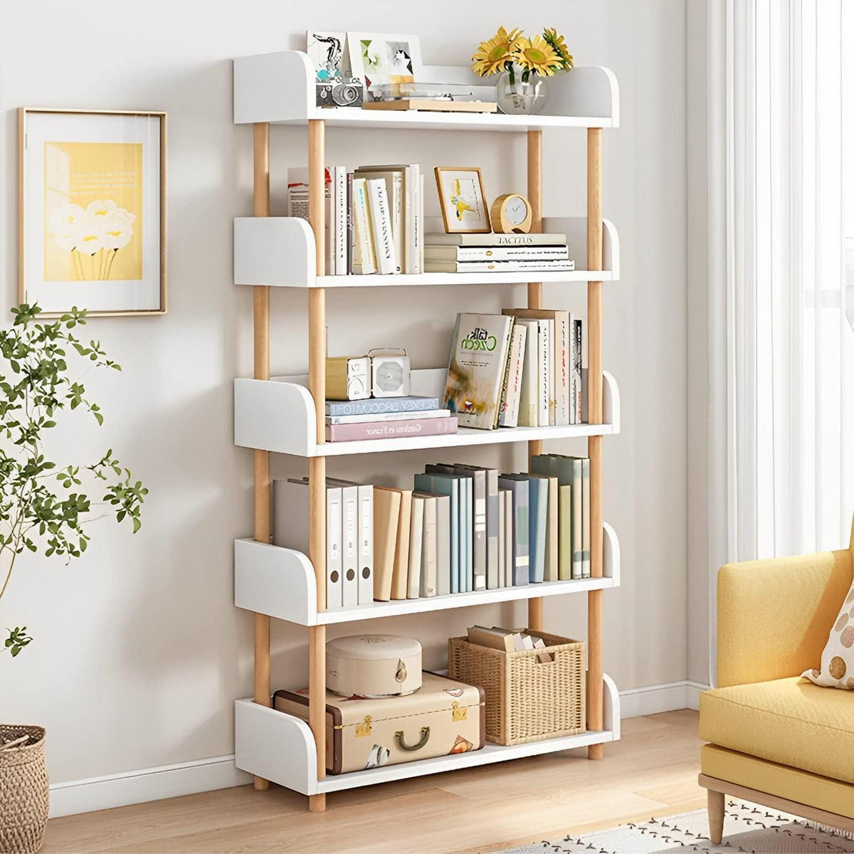 5-Ebenen Bücherregal aus Holz – Modernes Freistehend Regal Weiß