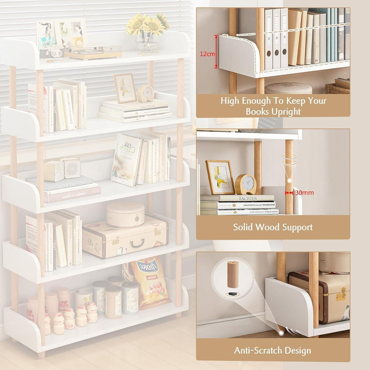5-Ebenen Bücherregal aus Holz – Modernes Freistehend Regal Weiß
