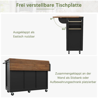 Kücheninsel mit Ausziehtisch & Schiebetüren, Schwarz