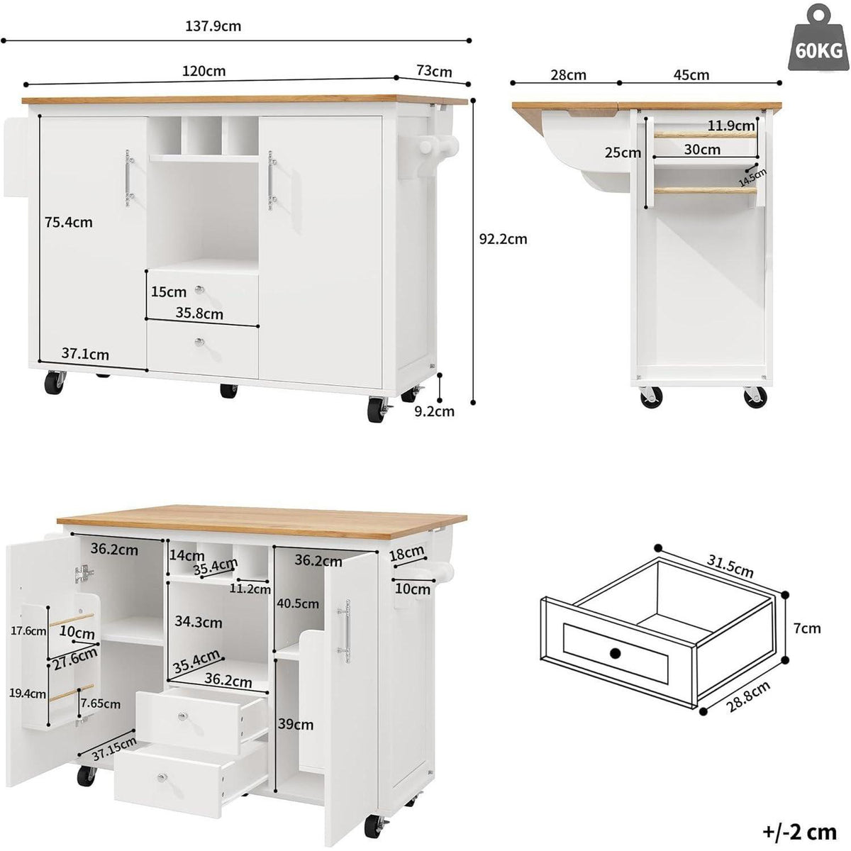 Küchenschrank mit Klappplatte, Weinregal & Handtuchhalter, Weiß