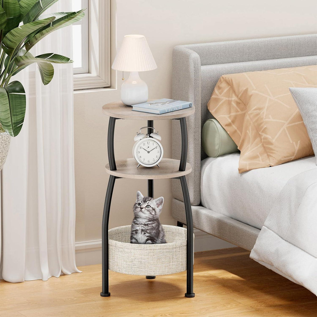 Runder Beistelltisch mit Stoffkorb – Kleiner Couchtisch Grau