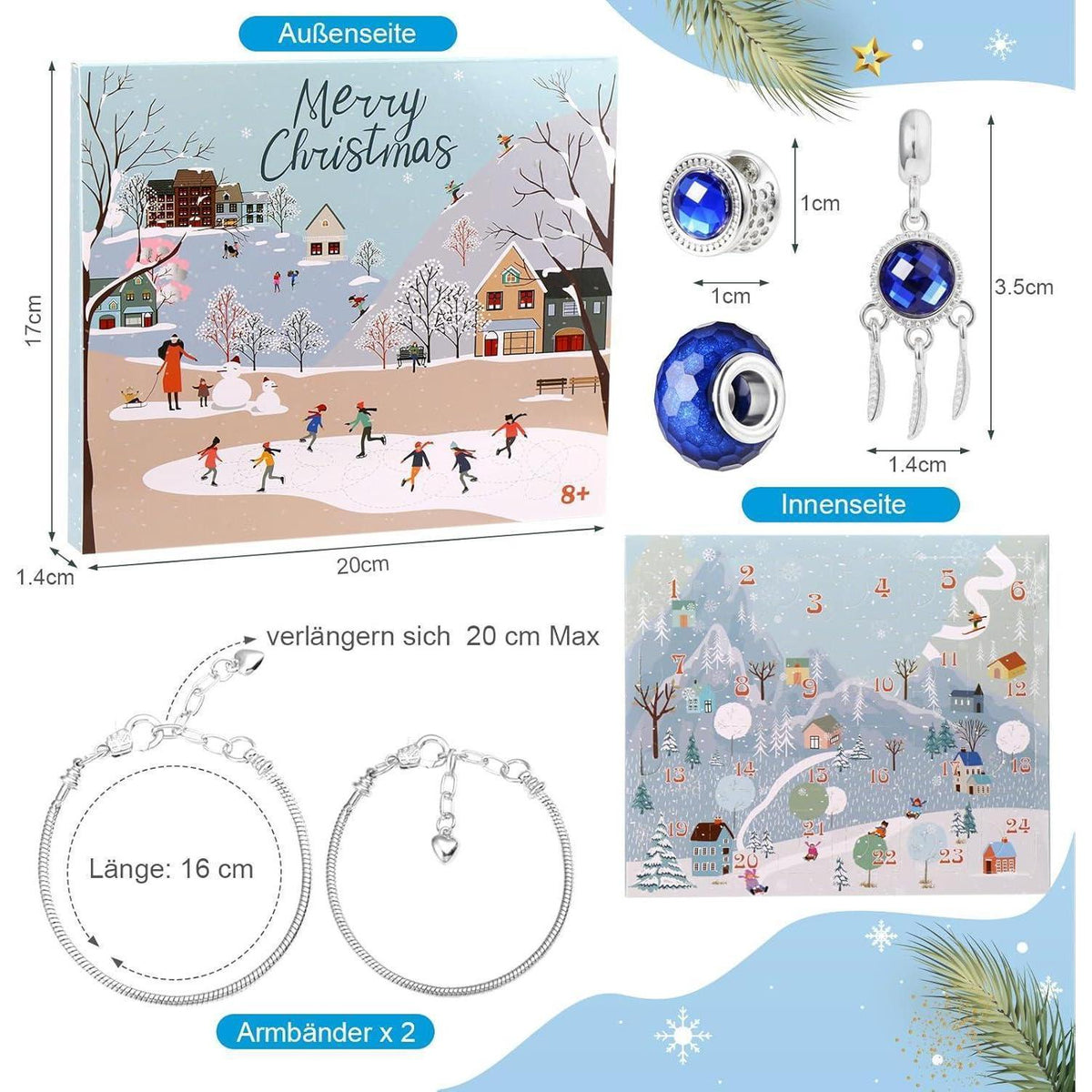 Adventskalender Schmuckset Mädchen Armband mit Charms Blau