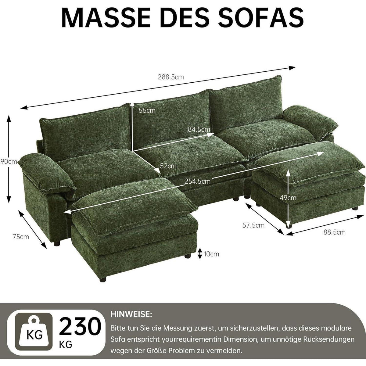 JIEXI Ecksofa mit Schlaffunktion, Grün, 288 x 132 cm
