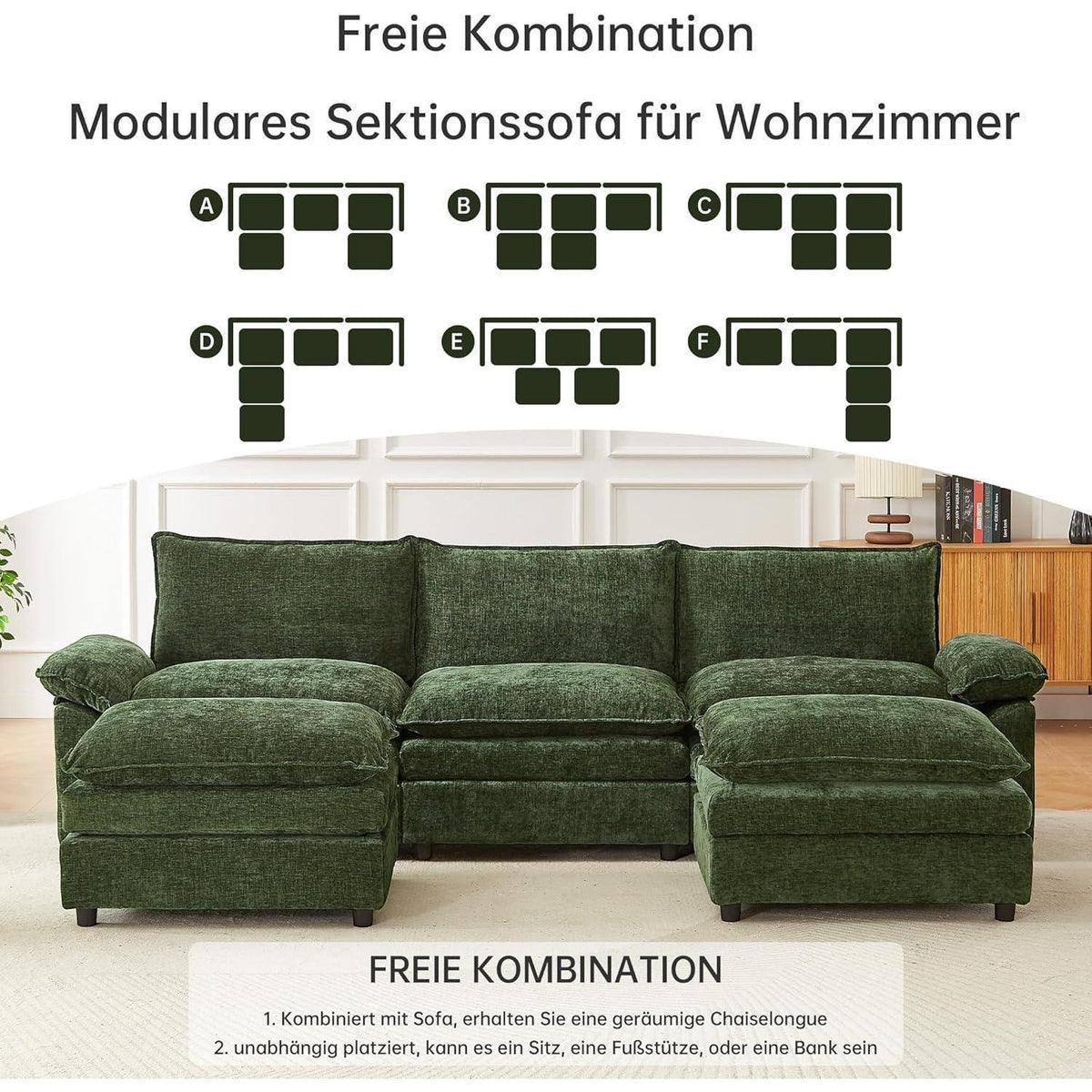 JIEXI Ecksofa mit Schlaffunktion, Grün, 288 x 132 cm