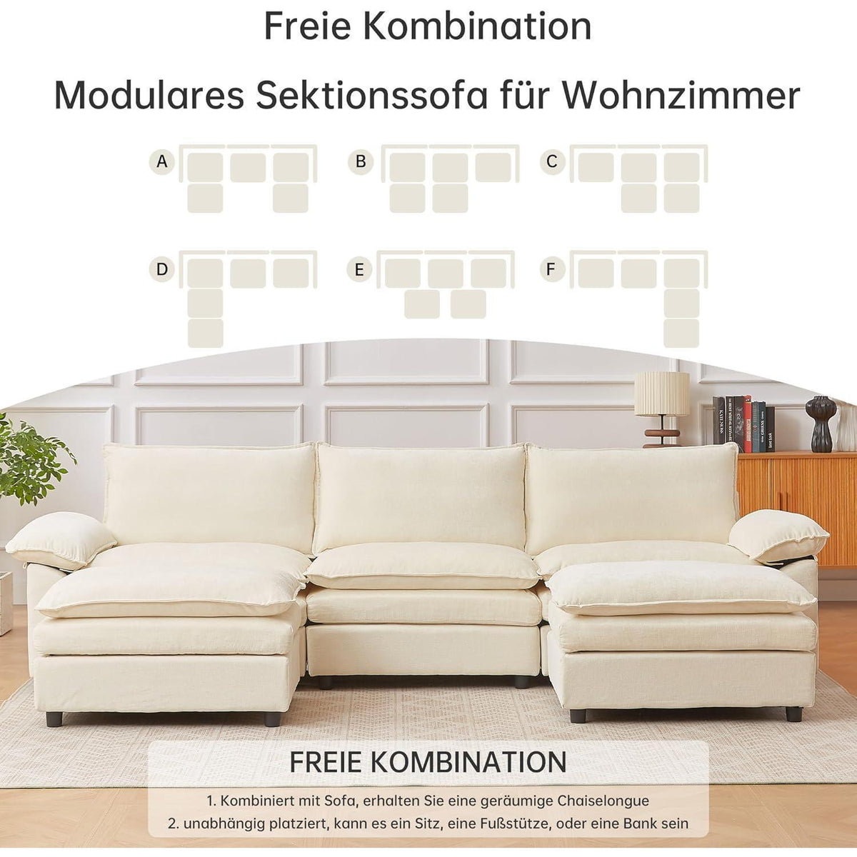 JIEXI Ecksofa mit Schlaffunktion – Beige, 288 x 132 cm