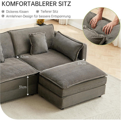 Graues Ecksofa mit Schlaffunktion & Cordbezug – 285cm