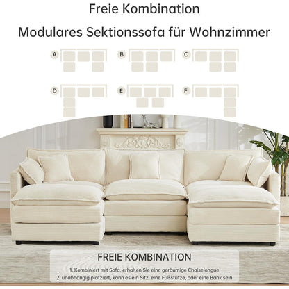 Ecksofa mit Schlaffunktion – Beige Cord, U-Form, 285 cm