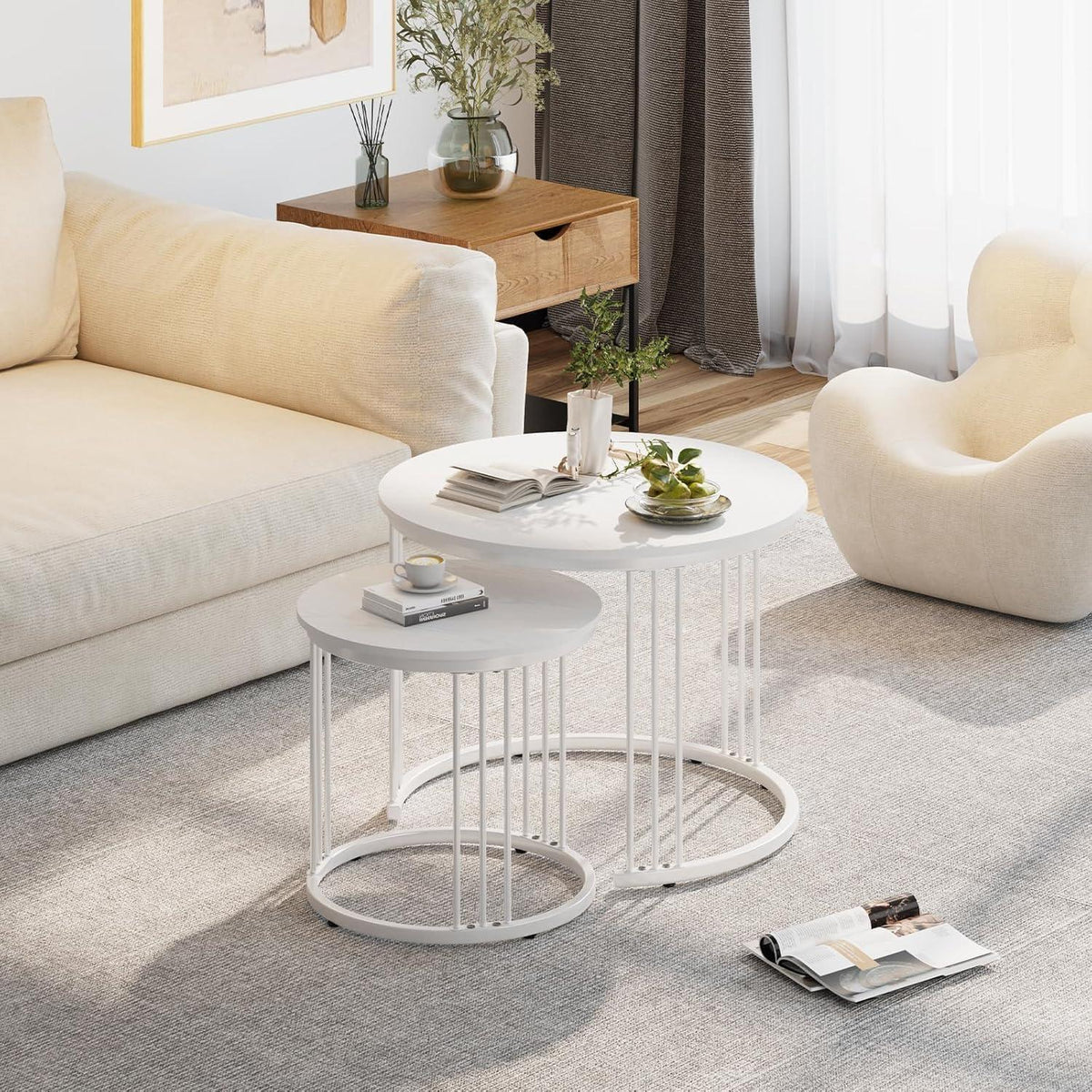 Runde Couchtische 2er-Set Metallrahmen Weiß 60cm