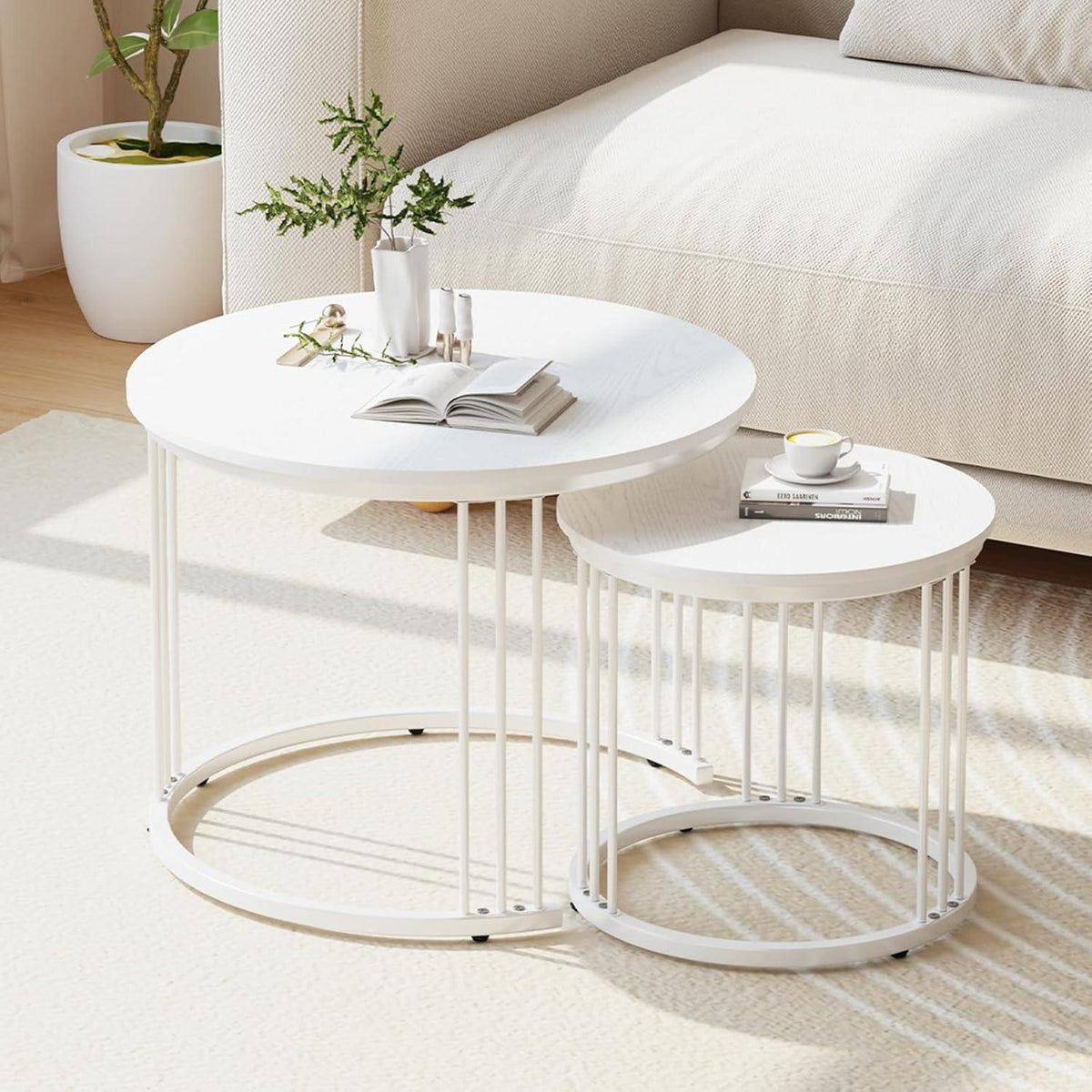 Runde Couchtische 2er-Set Metallrahmen Weiß 60cm