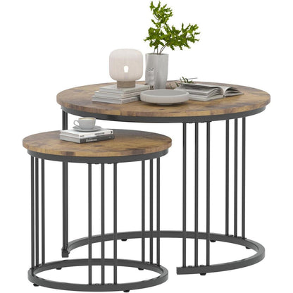 Runde Couchtische 2er-Set, Beistelltisch mit Metallrahmen, Rustic Brown