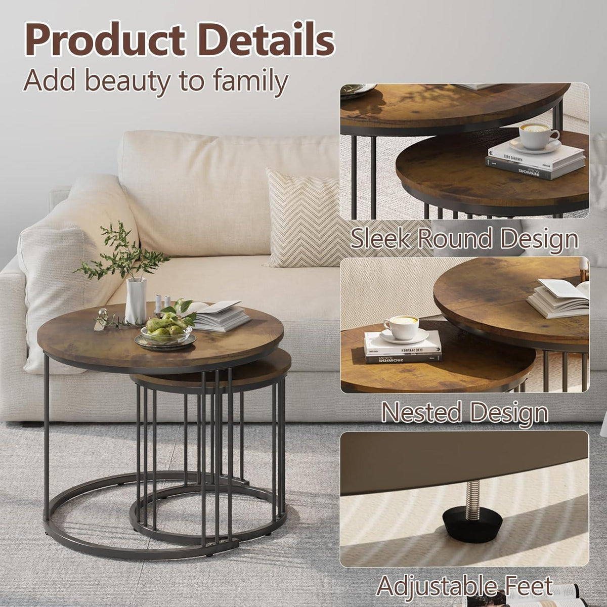 Runde Couchtische 2er-Set, Beistelltisch mit Metallrahmen, Rustic Brown