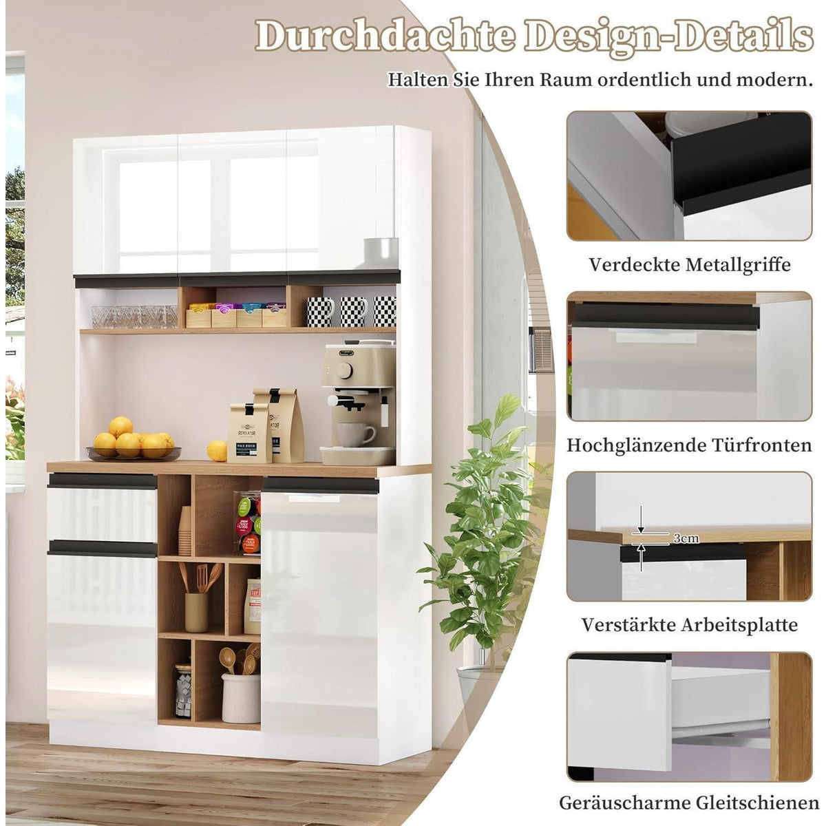 Moderner Küchenschrank Weiß – Sideboard mit Regalen & Schubladen