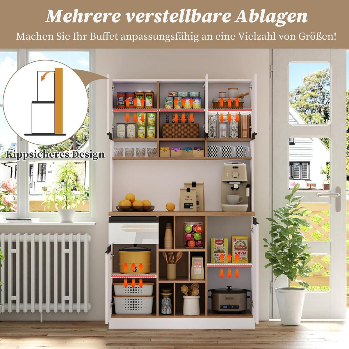 Moderner Küchenschrank Weiß – Sideboard mit Regalen & Schubladen