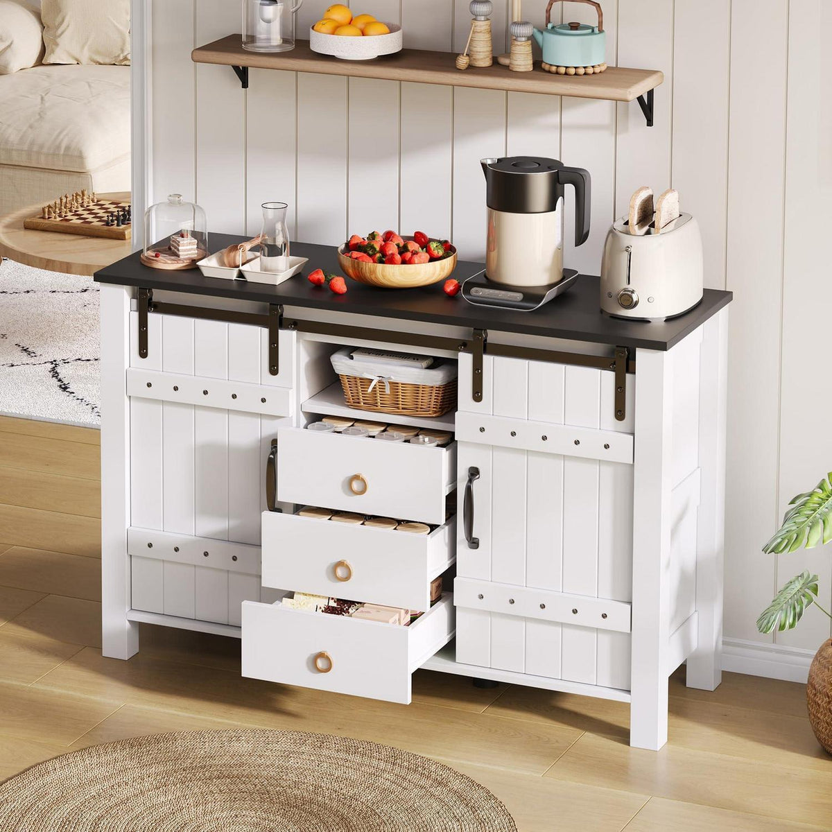DRIXNO Buffetschrank Weiß, 120cm mit Schiebetüren & Schubladen