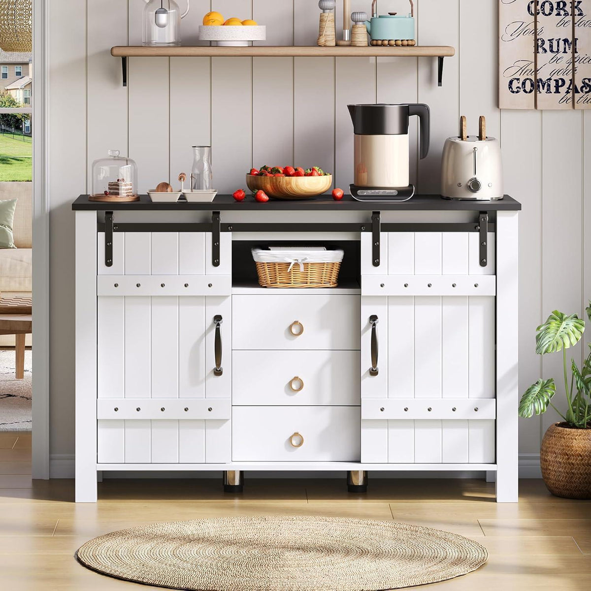 DRIXNO Buffetschrank Weiß, 120cm mit Schiebetüren & Schubladen
