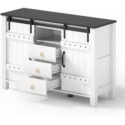 DRIXNO Buffetschrank Weiß, 120cm mit Schiebetüren & Schubladen