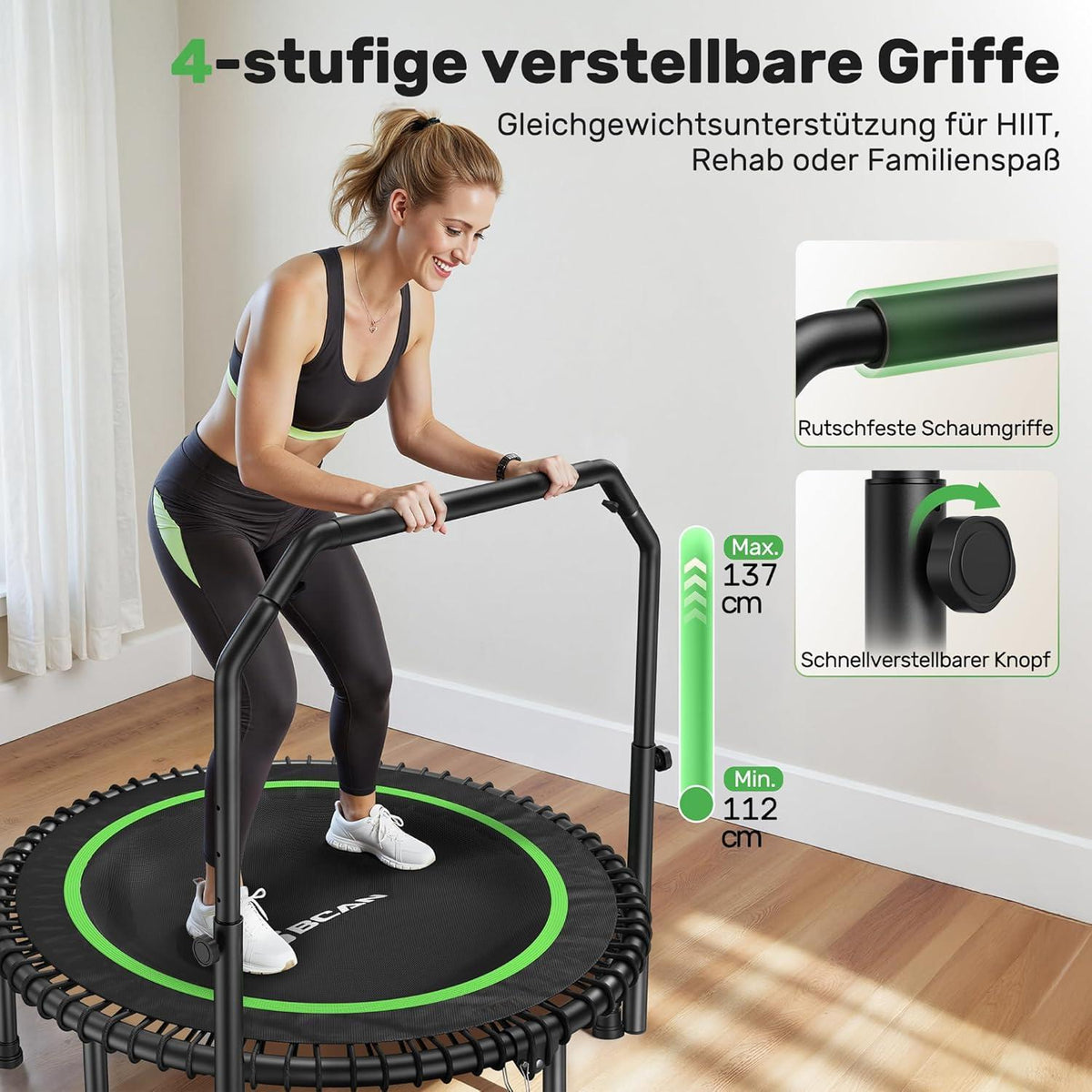 Fitness Trampolin 122cm – Verstellbarer Griff & 250kg Belastbarkeit