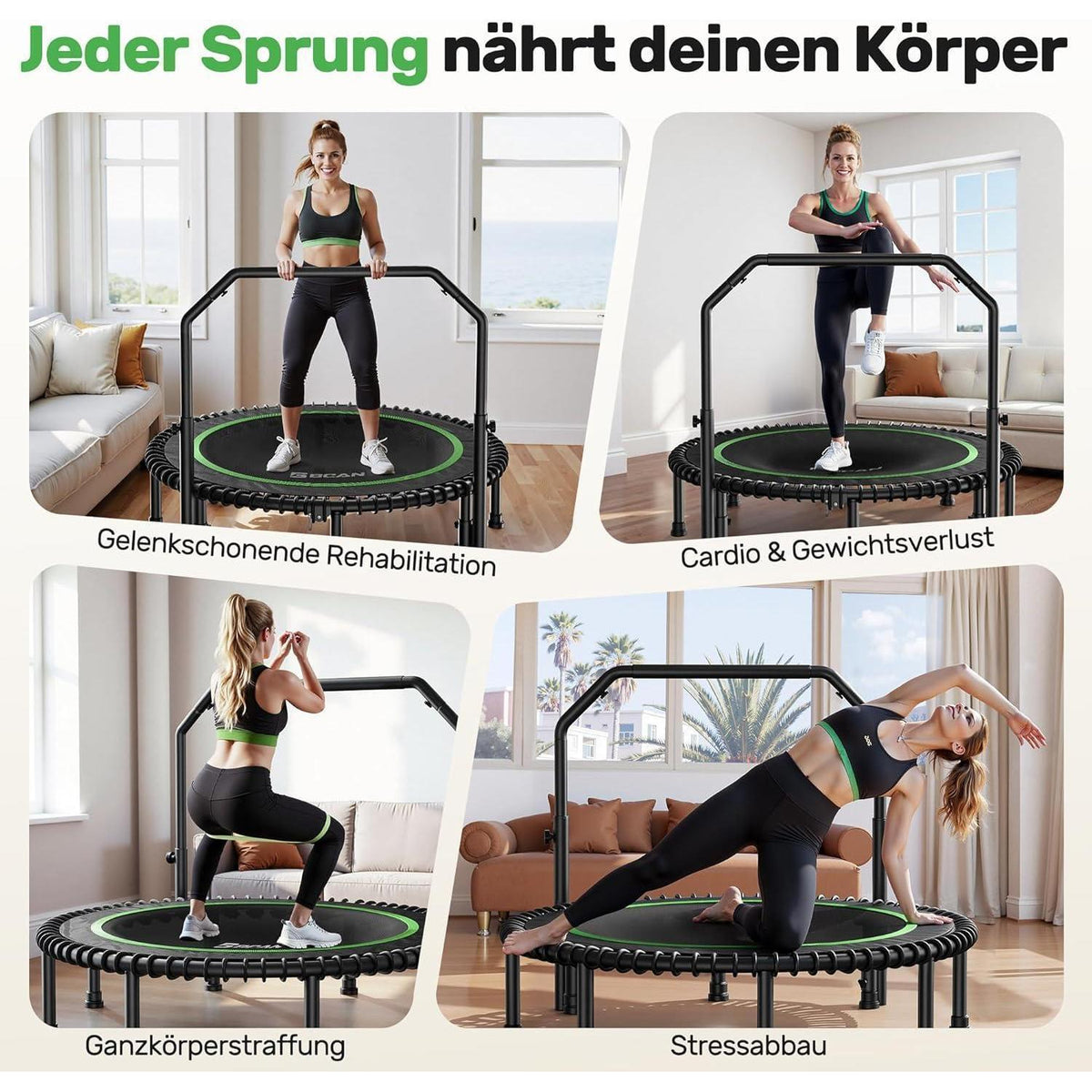 Fitness Trampolin 122cm – Verstellbarer Griff & 250kg Belastbarkeit