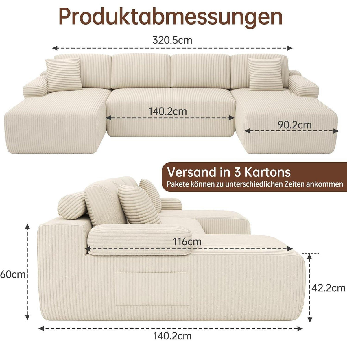Modulares U-förmiges Cord-Sektionalsofa mit Memory-Schaum