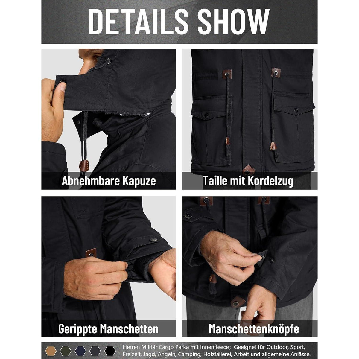 Herren Winterjacke gefüttert Fleece Parka mit Kapuze Schwarz L