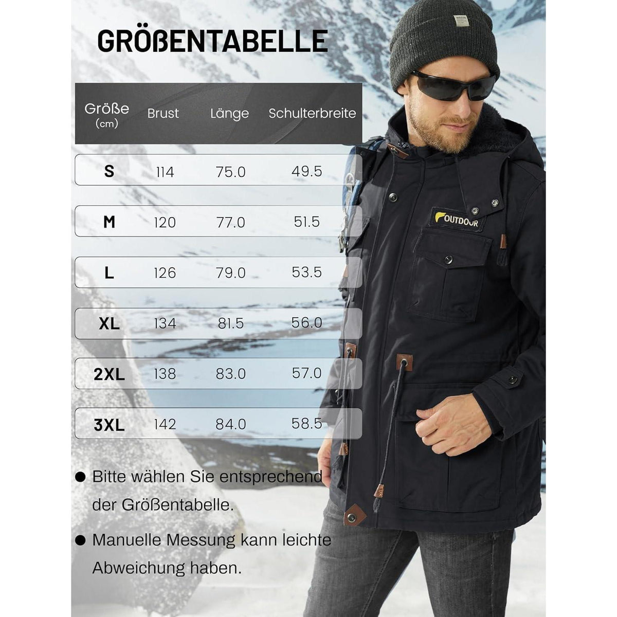 Herren Winterjacke gefüttert Fleece Parka mit Kapuze Schwarz L