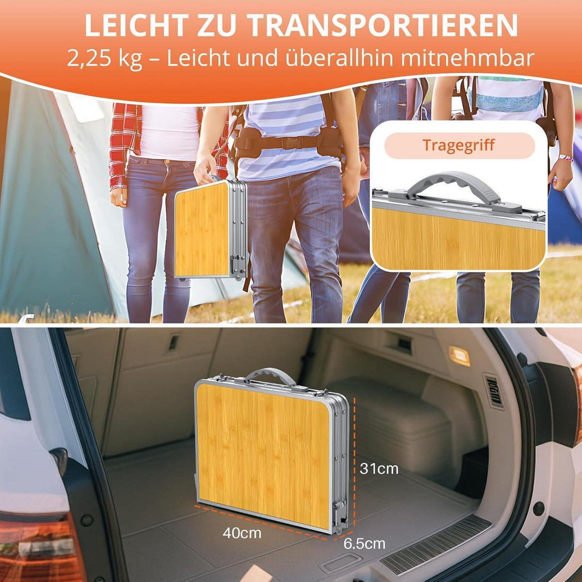 Tragbarer Campingtisch 58x40cm, 3 Höhen, Aluminium Klapptisch