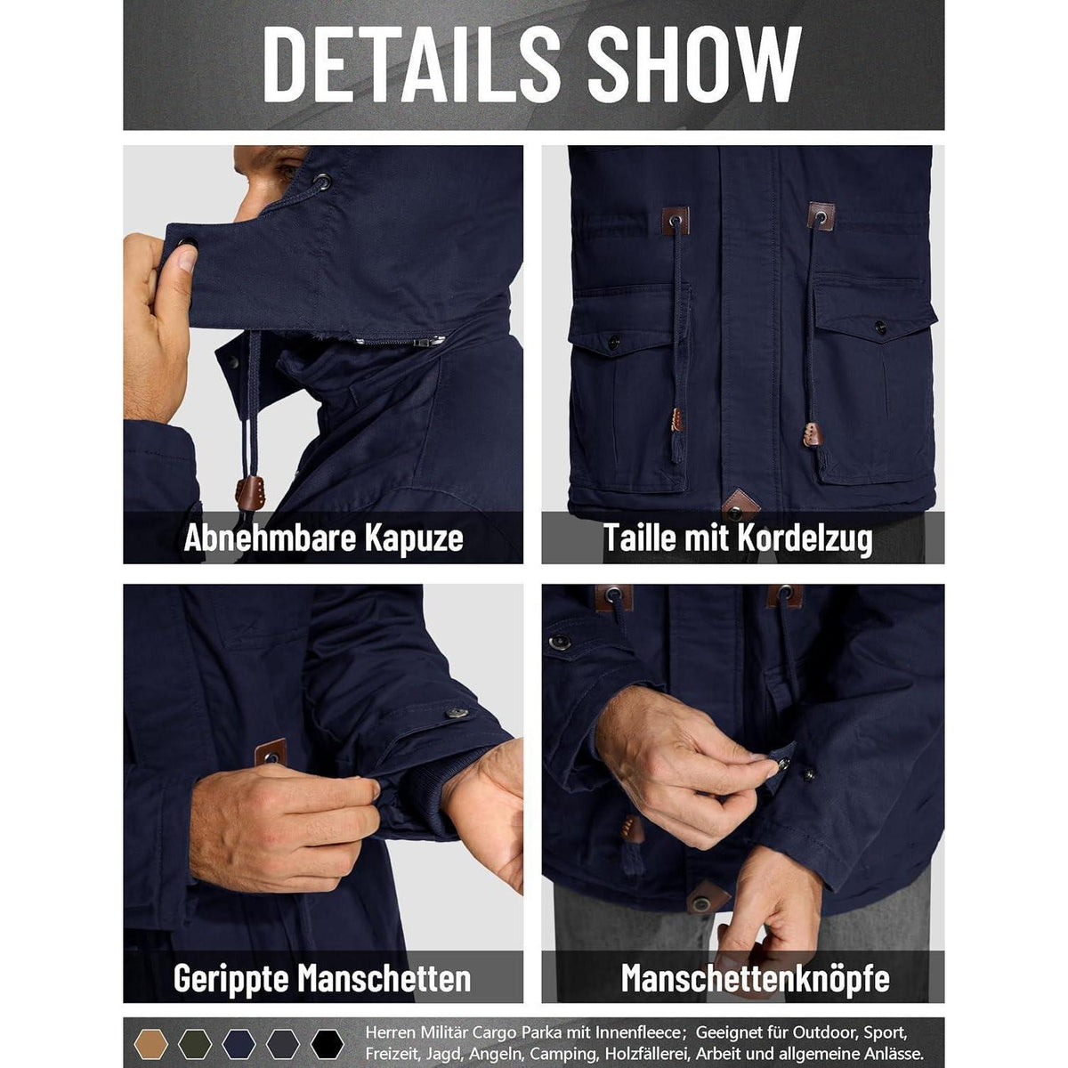 Herren Winterjacke gefüttert Fleece Parka Dunkelblau L