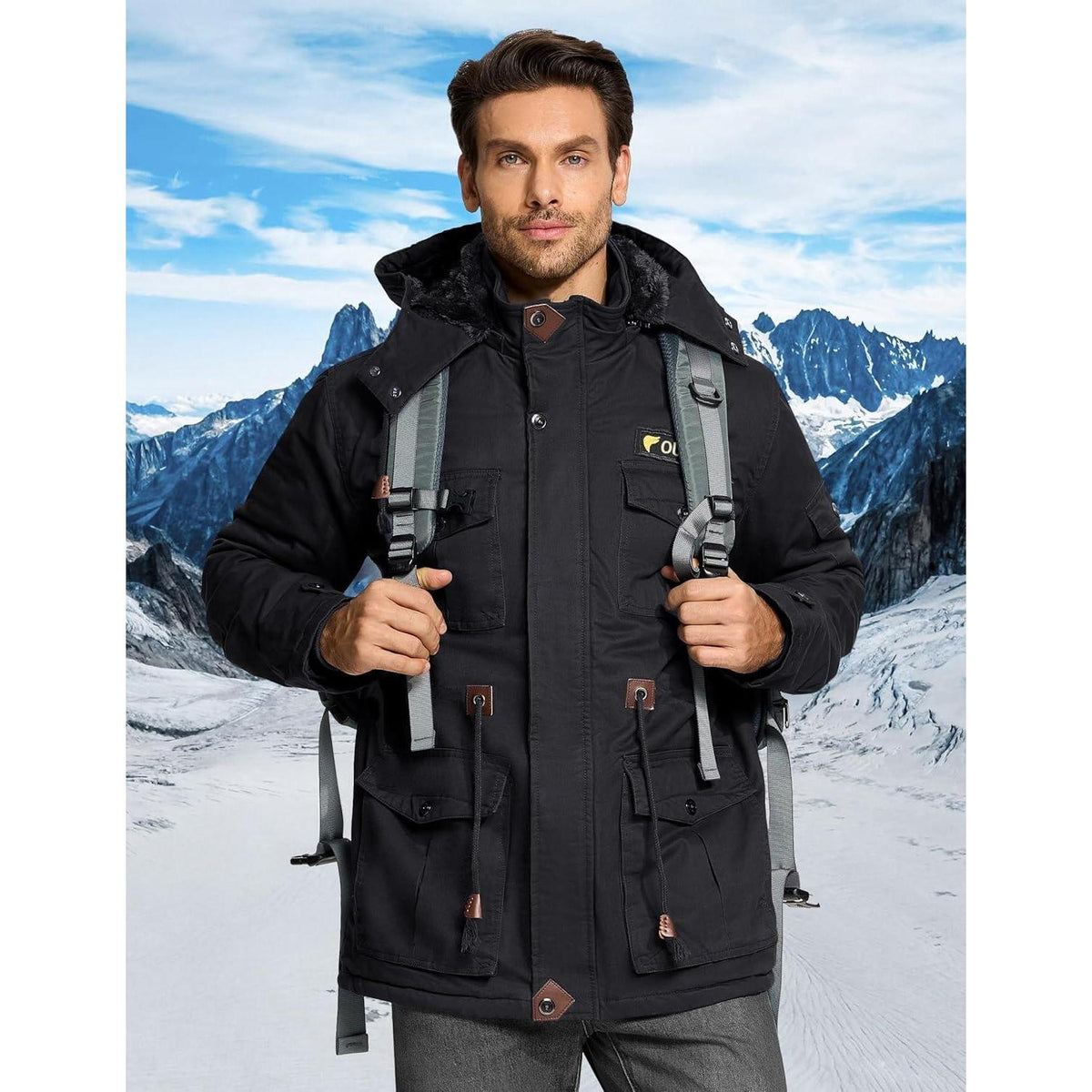 Herren Winterjacke gefüttert Fleece Parka mit Kapuze Schwarz