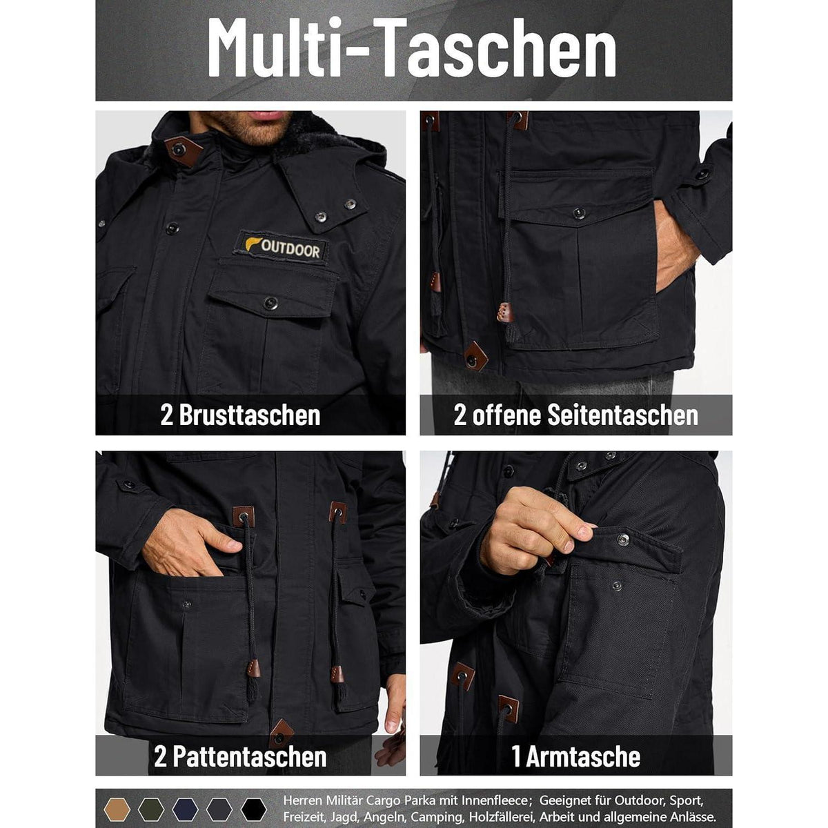 Herren Winterjacke gefüttert Fleece Parka mit Kapuze Schwarz